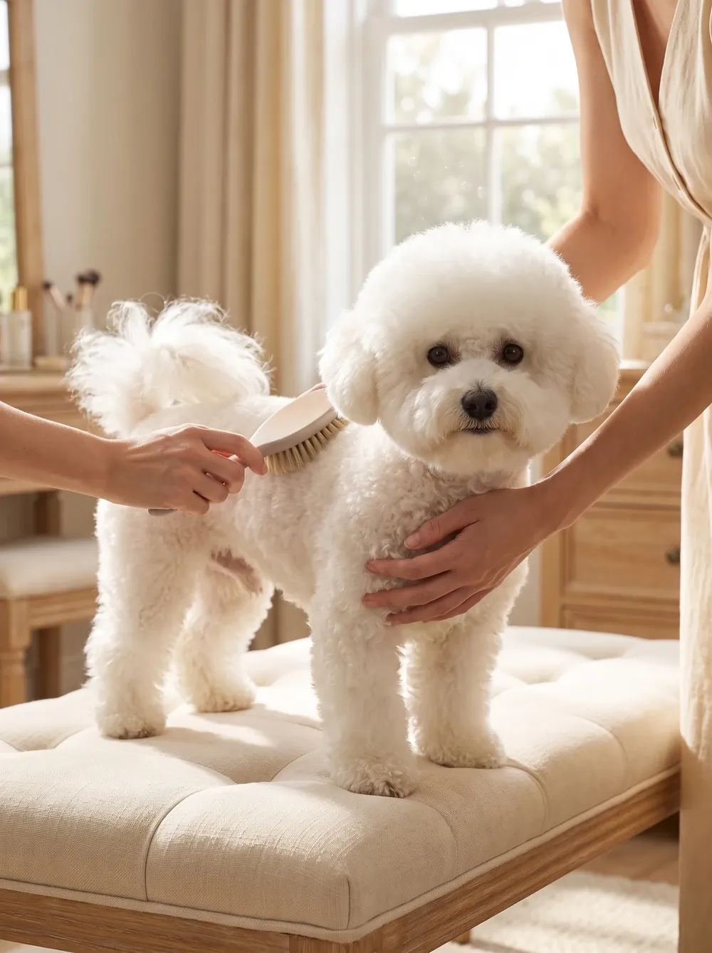 Bichon Frise, a pet parent brushing a white adult standing on an upholstered bench