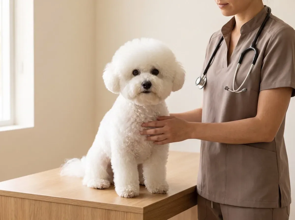 Bichon Frise, a white adult sitting on a table as a vet in taupe scrubs rests a hand on the dog