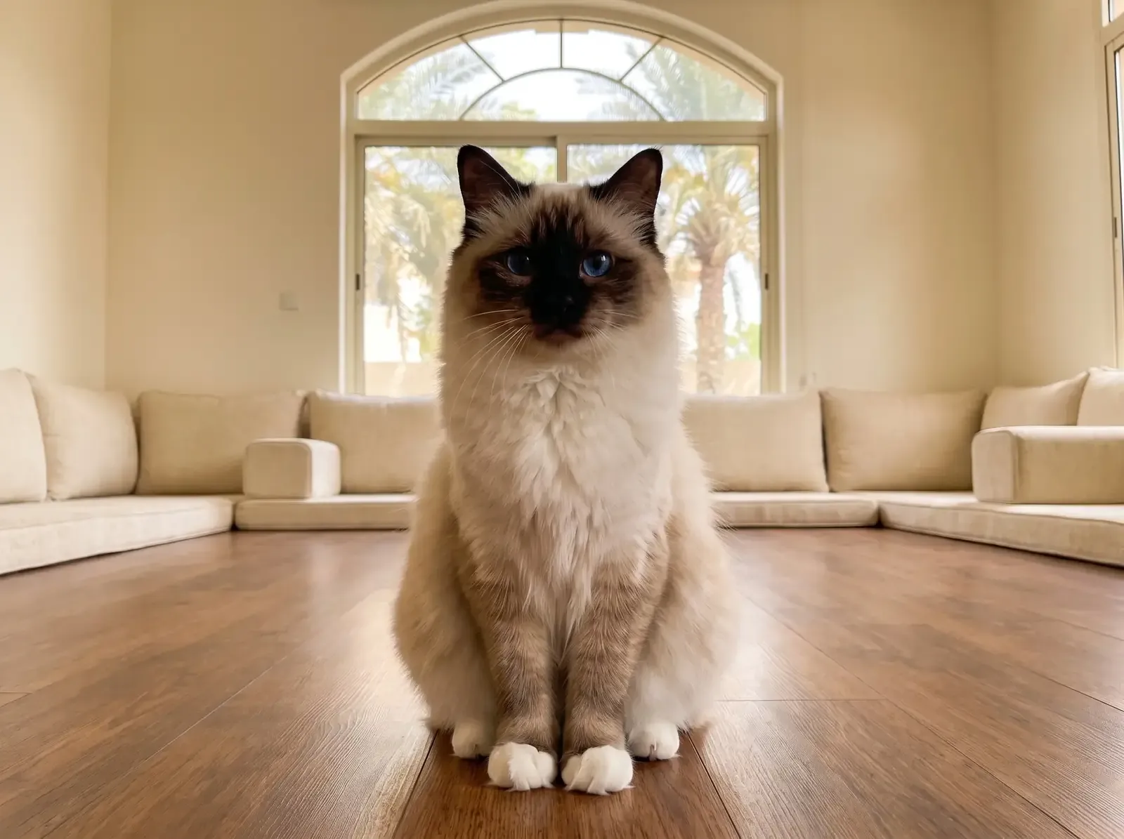 Birman in Dubai, a seal point adult sitting on a timber floor in a majlis, palms through an arched window