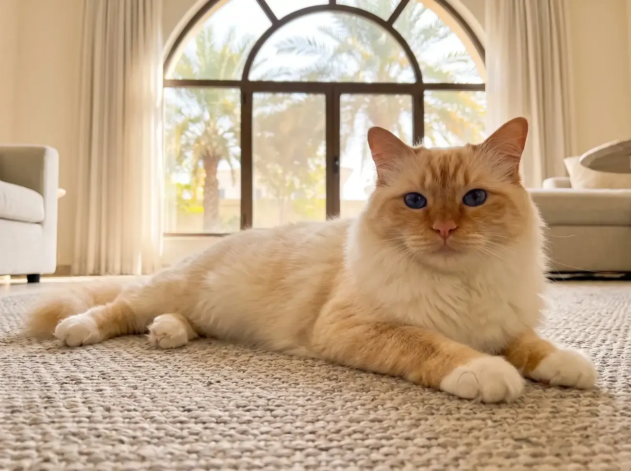 Birman in Dubai, a red point adult with blue eyes lying on a stone rug, palms through an arched window