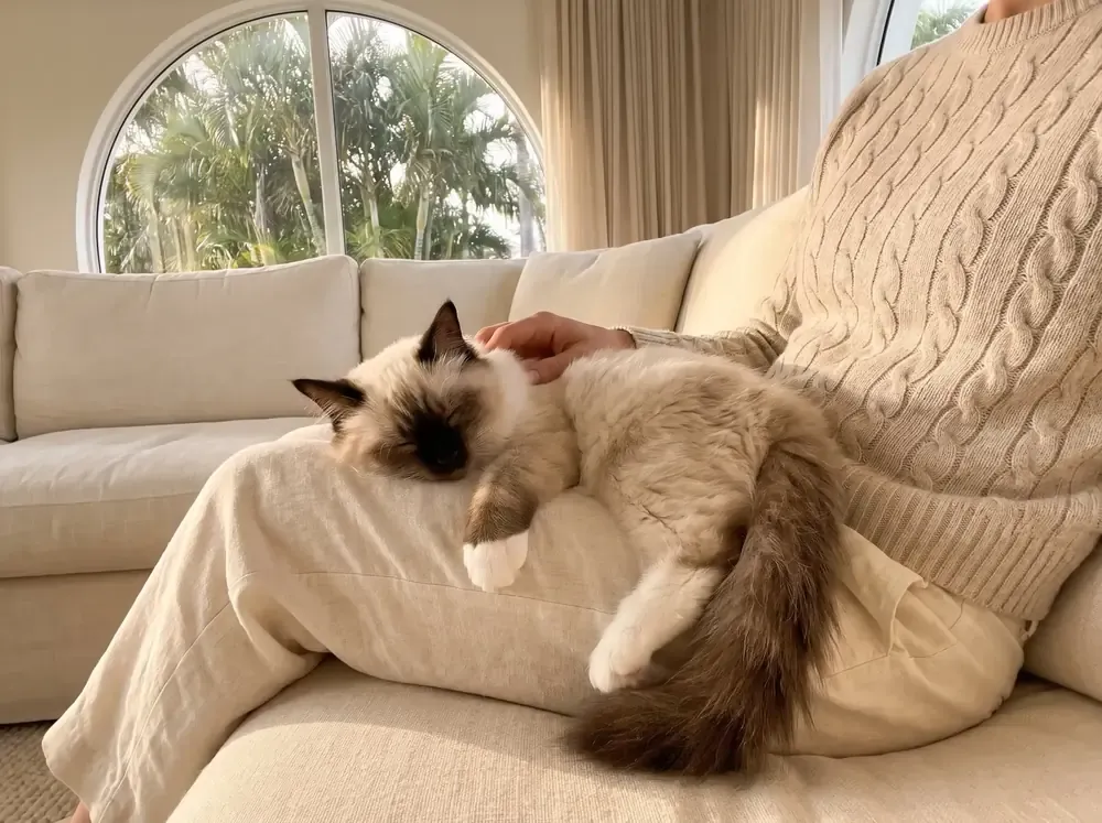 Birman in Dubai, a seal point kitten asleep in a pet parent's lap on the sofa, palms through an arched window