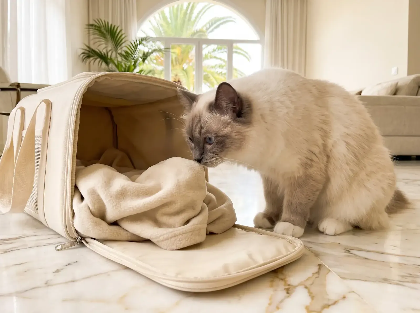 Birman in Dubai, a lilac point adult sniffing the blanket in an open carrier, palms through an arched window