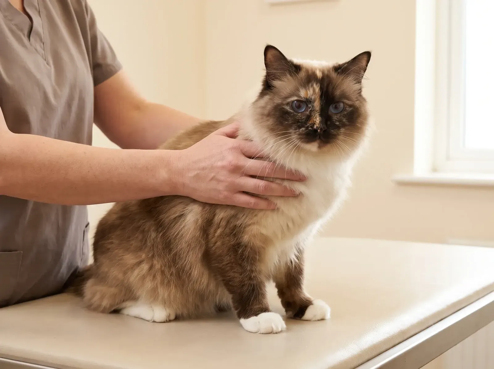 Birman, a seal tortie point adult on a consulting table, steadied by a hand in taupe scrubs