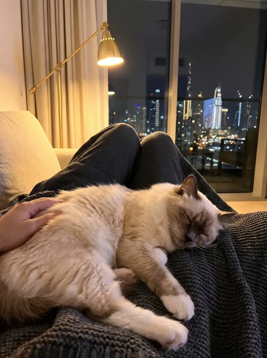Birman in Dubai, a cream point adult asleep across a pet parent's lap at night, skyline behind