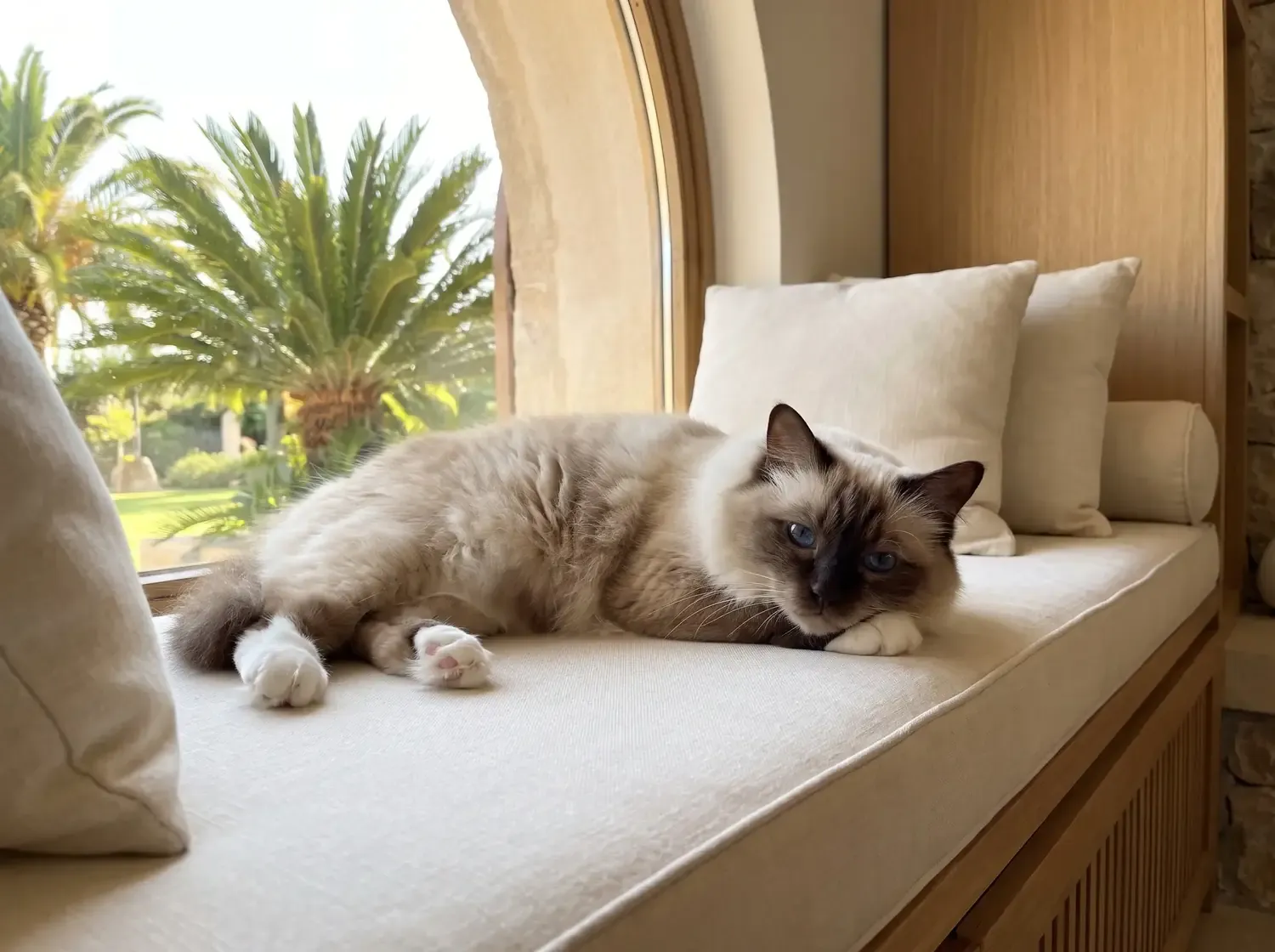 Birman in Dubai, an older chocolate point cat resting on a window seat, eyes bright, palms outside