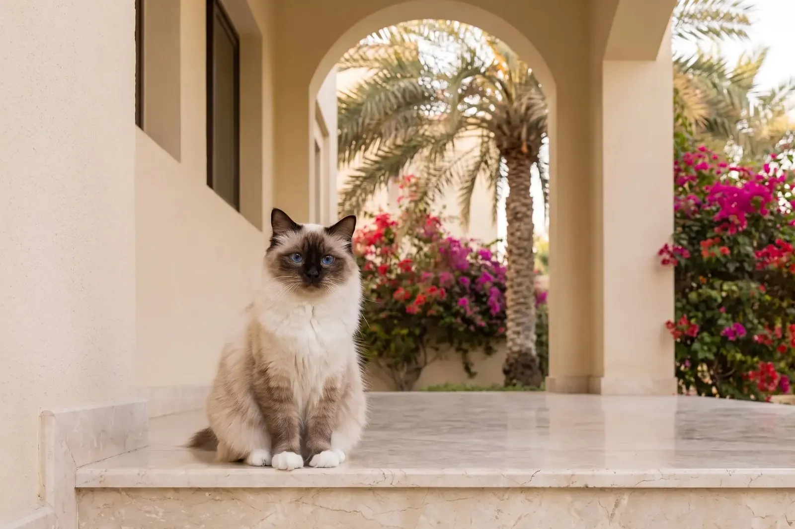 Birman history, the breed today, a seal point adult on a marble step in a villa courtyard, Dubai, 2026