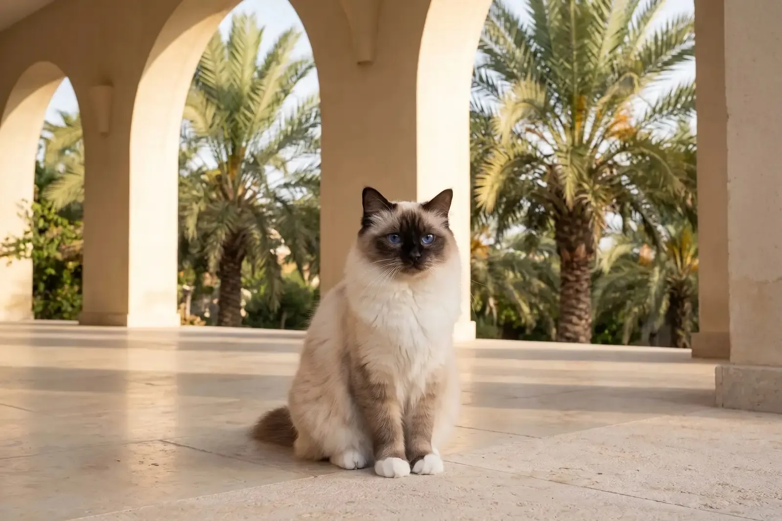 Birman history, the breed today, a seal point adult on a shaded villa terrace, Dubai, 2026