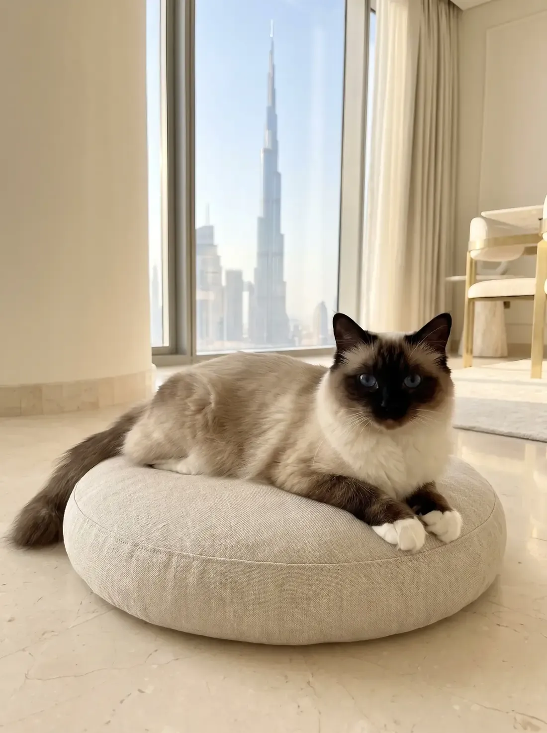 Birman in Dubai, a seal point adult on a linen cushion on marble, Burj Khalifa through the window