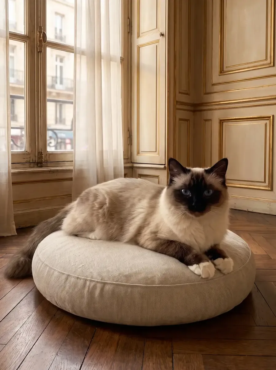 Birman, a seal point adult lying on a linen cushion in an old French parlour