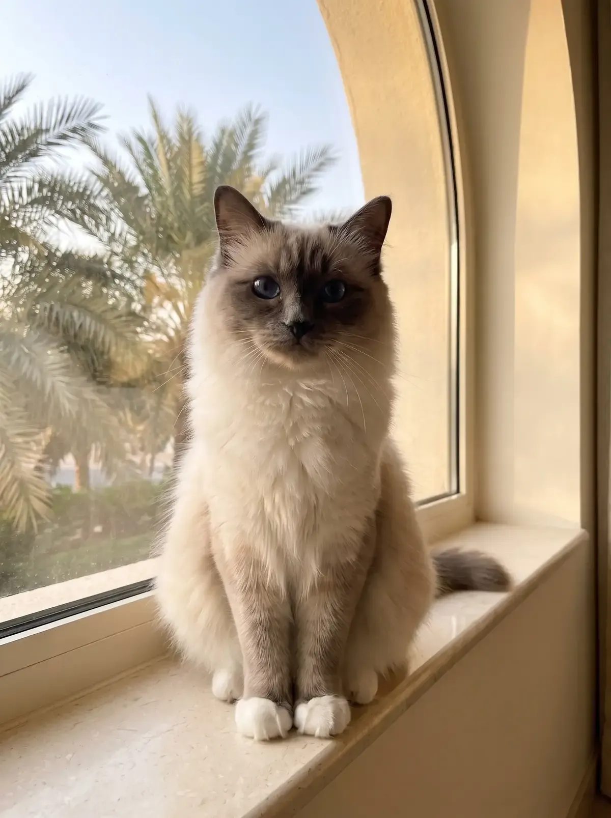 Birman in Dubai, a blue point adult sitting quietly on an arched windowsill, palms outside