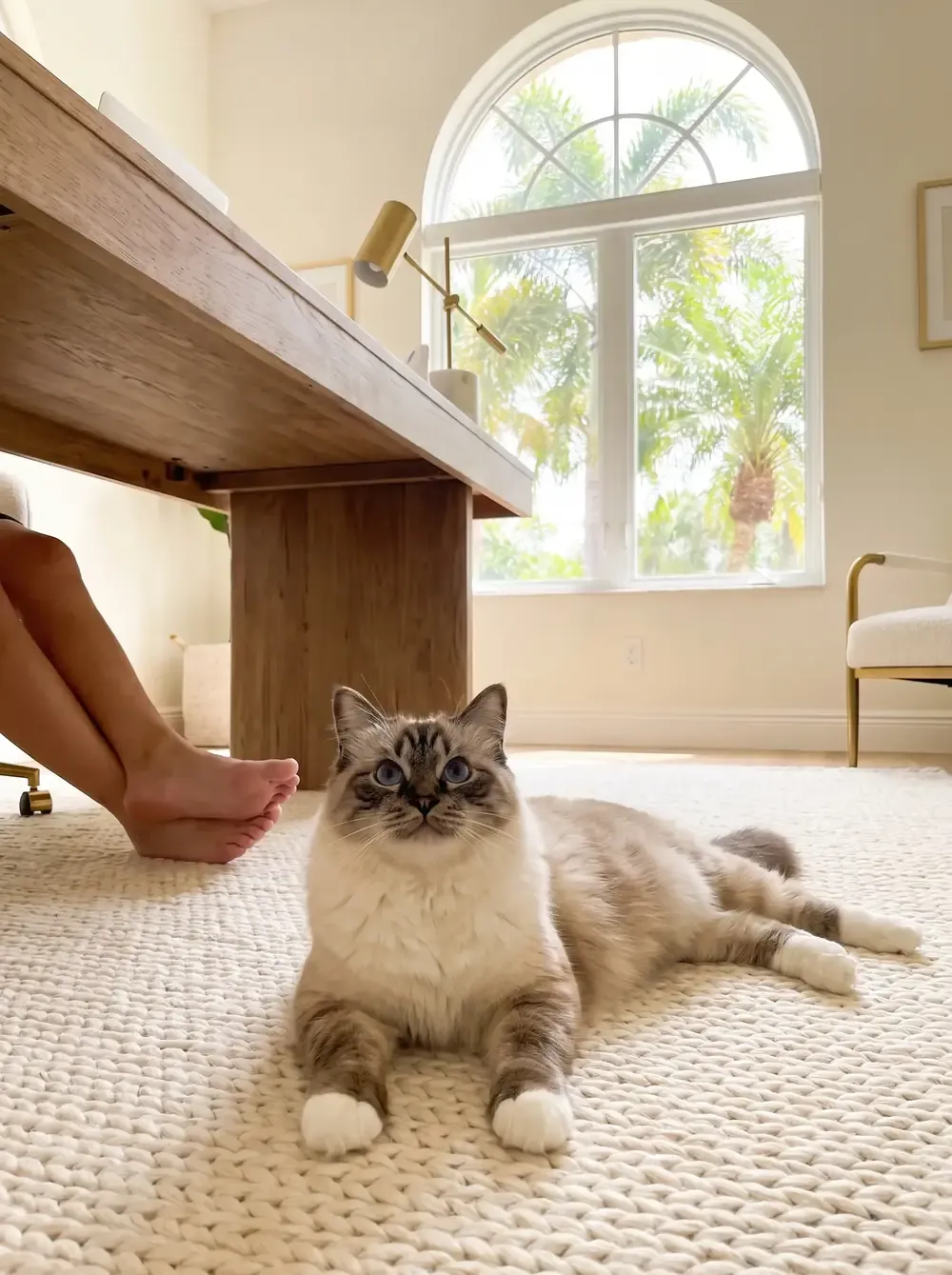 Birman in Dubai, a seal tabby point adult on a rug by their owner's feet, palms through an arched window