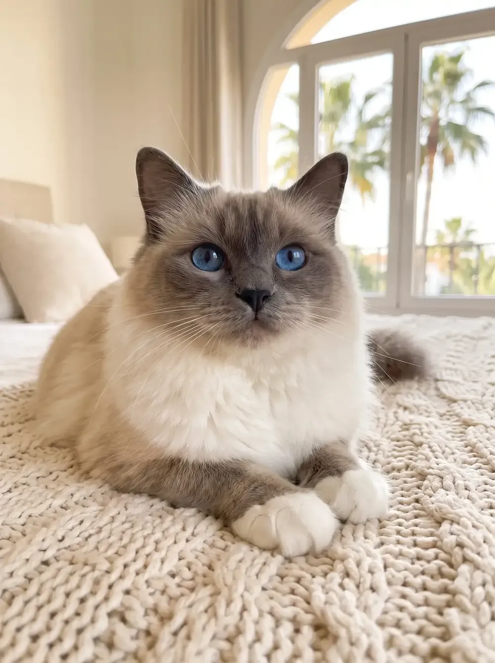 Birman in Dubai, a blue point adult with clear blue eyes on a cream knitted blanket, palms outside