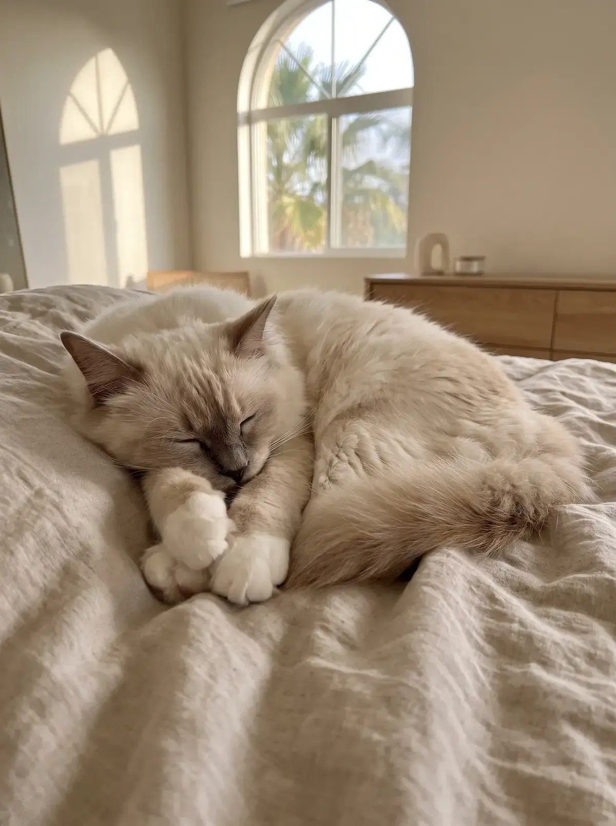 Birman in Dubai, a pale cream adult asleep on a linen bed, palms through an arched window