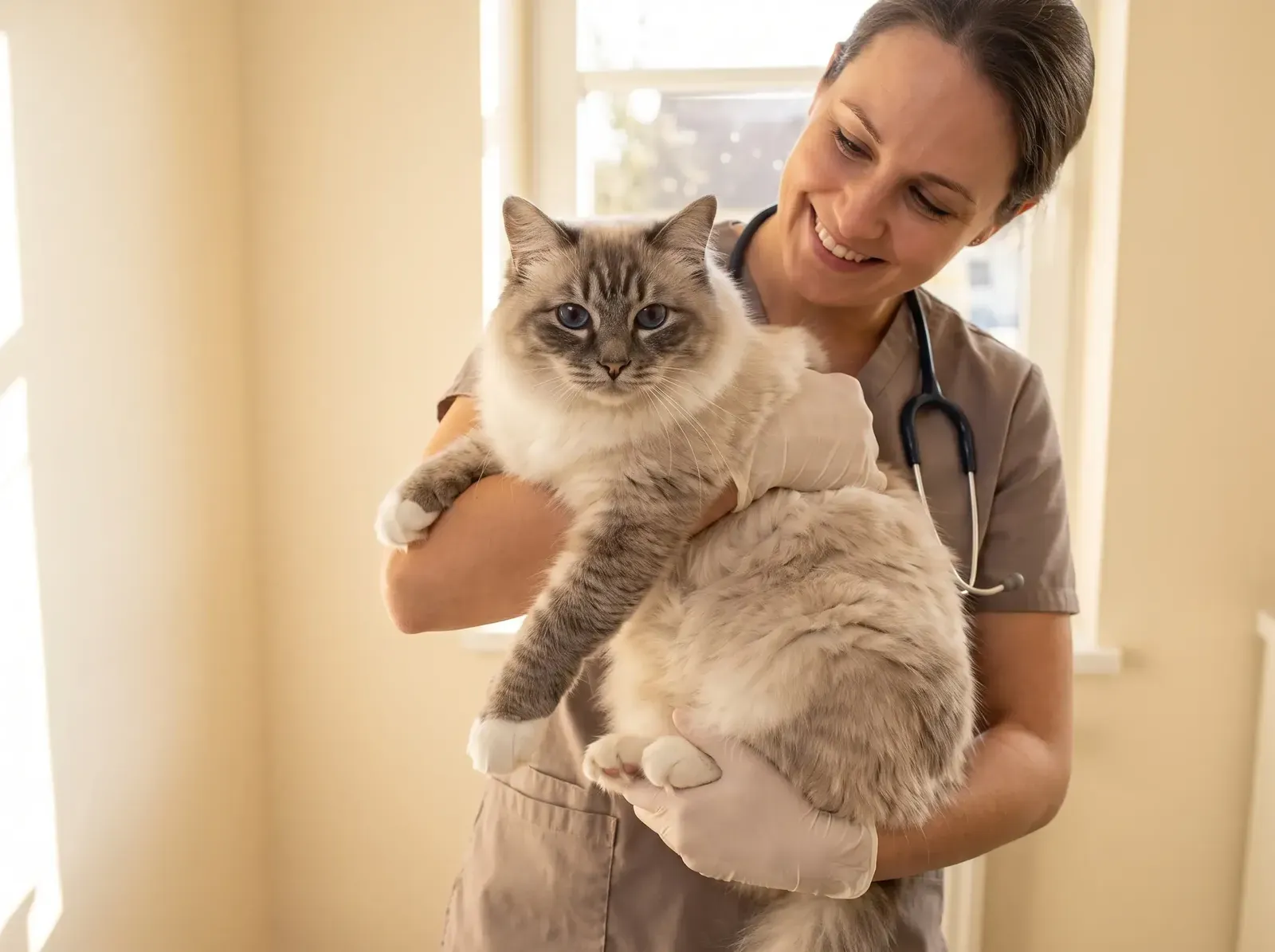 Birman, a blue tabby point adult cradled by a smiling vet in taupe scrubs