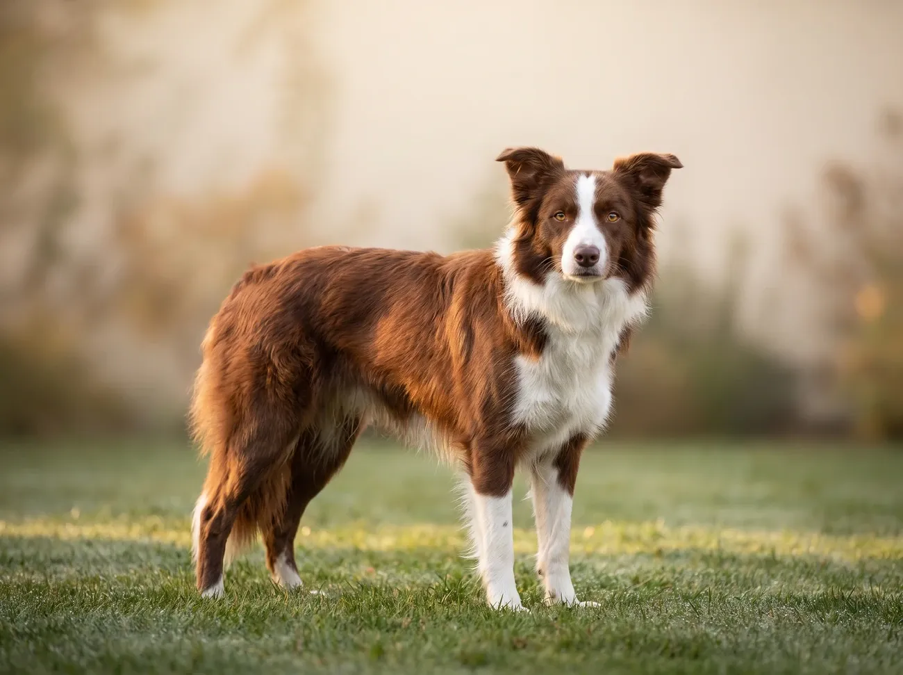 Border Collie, a red and white adult standing on a lawn in soft morning light