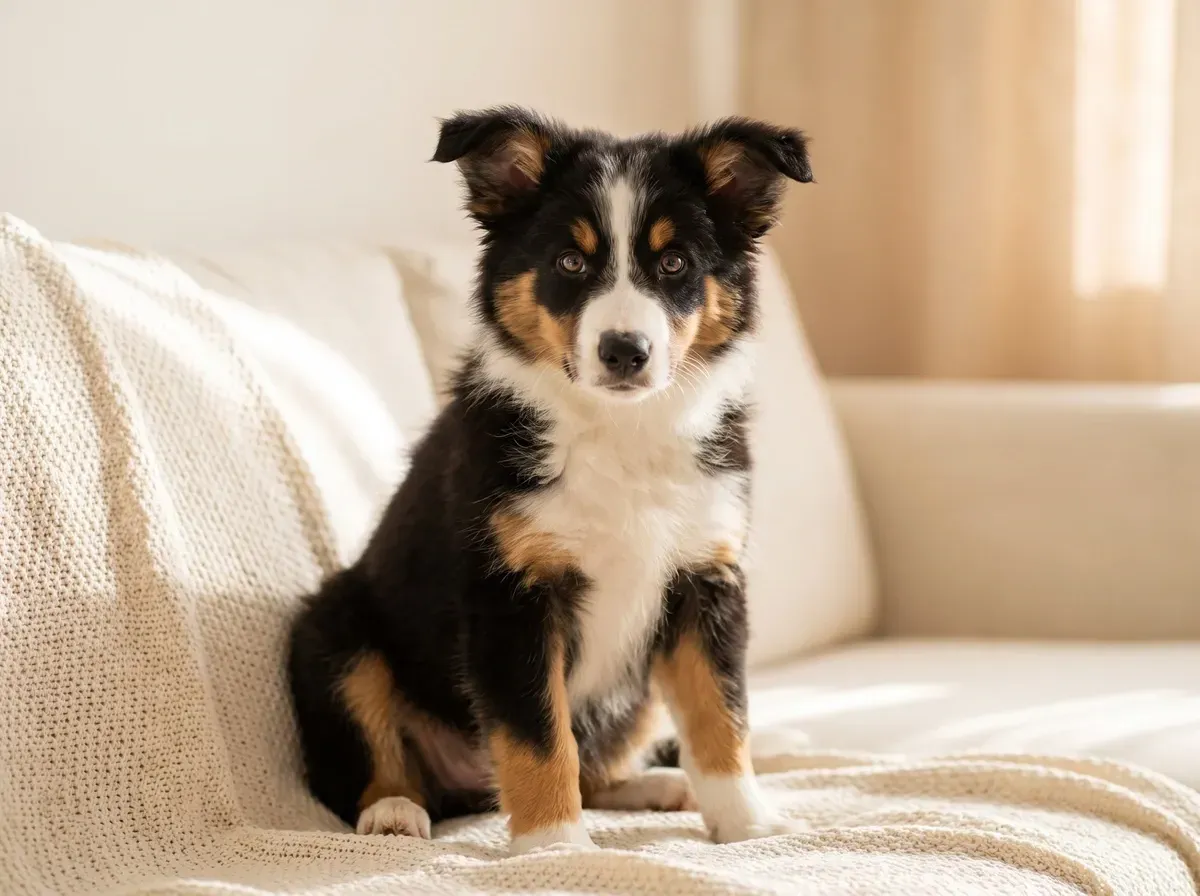 Border Collie, a tricolour puppy sitting on a cream blanket on the sofa