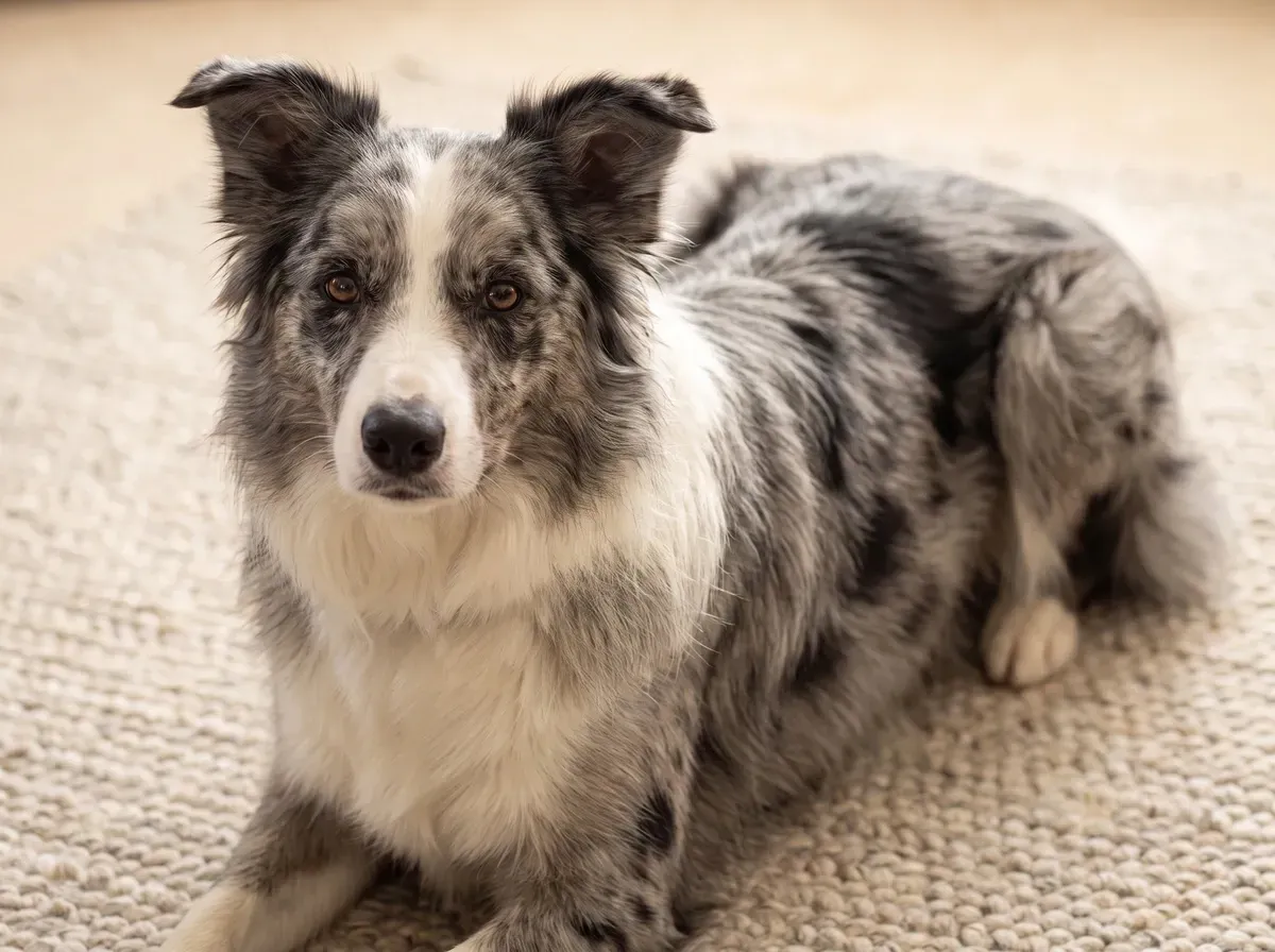 Border Collie, a blue merle adult lying on a stone-coloured rug