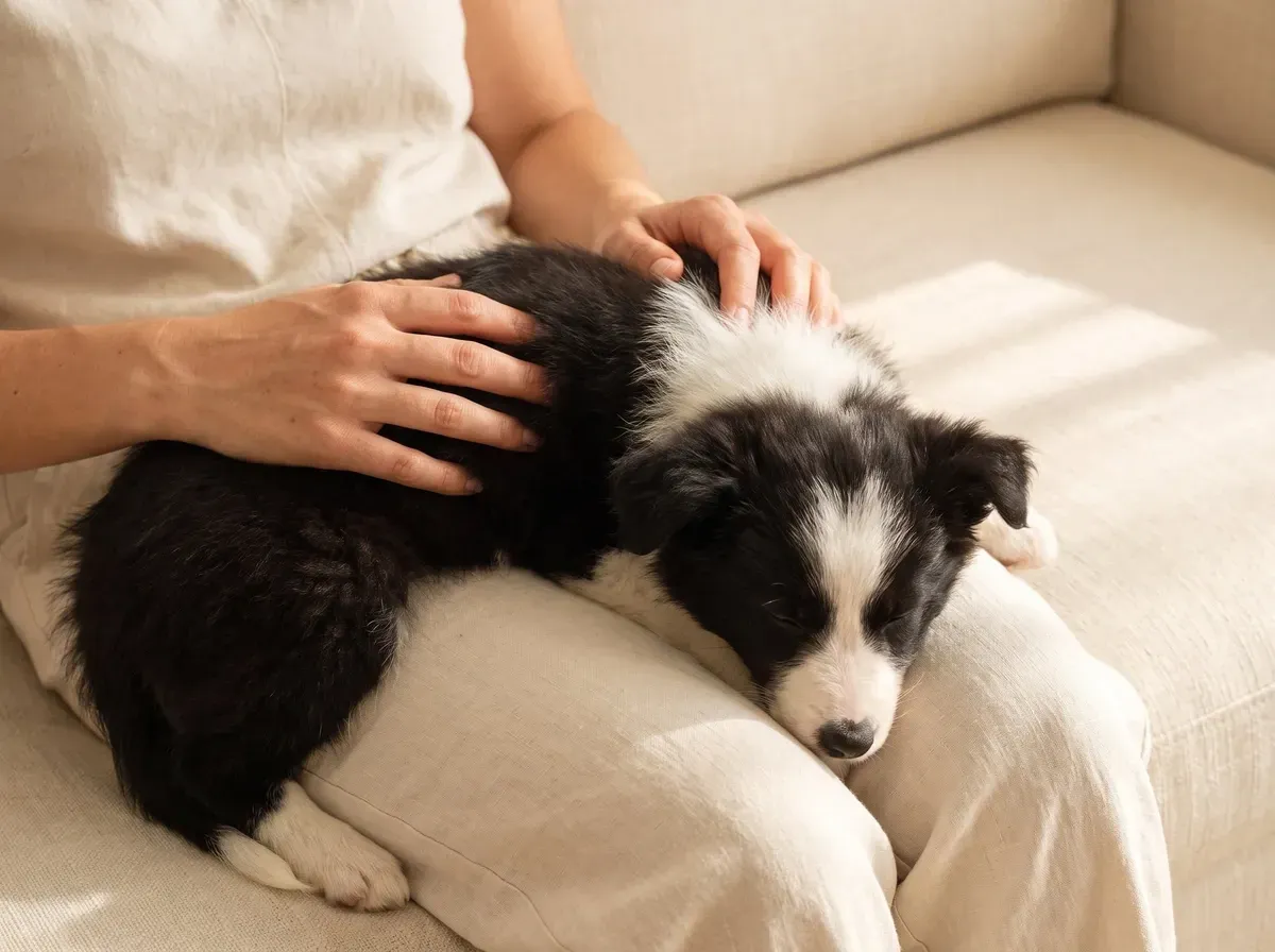 Border Collie, a black and white puppy asleep in a pet parent's lap on the sofa