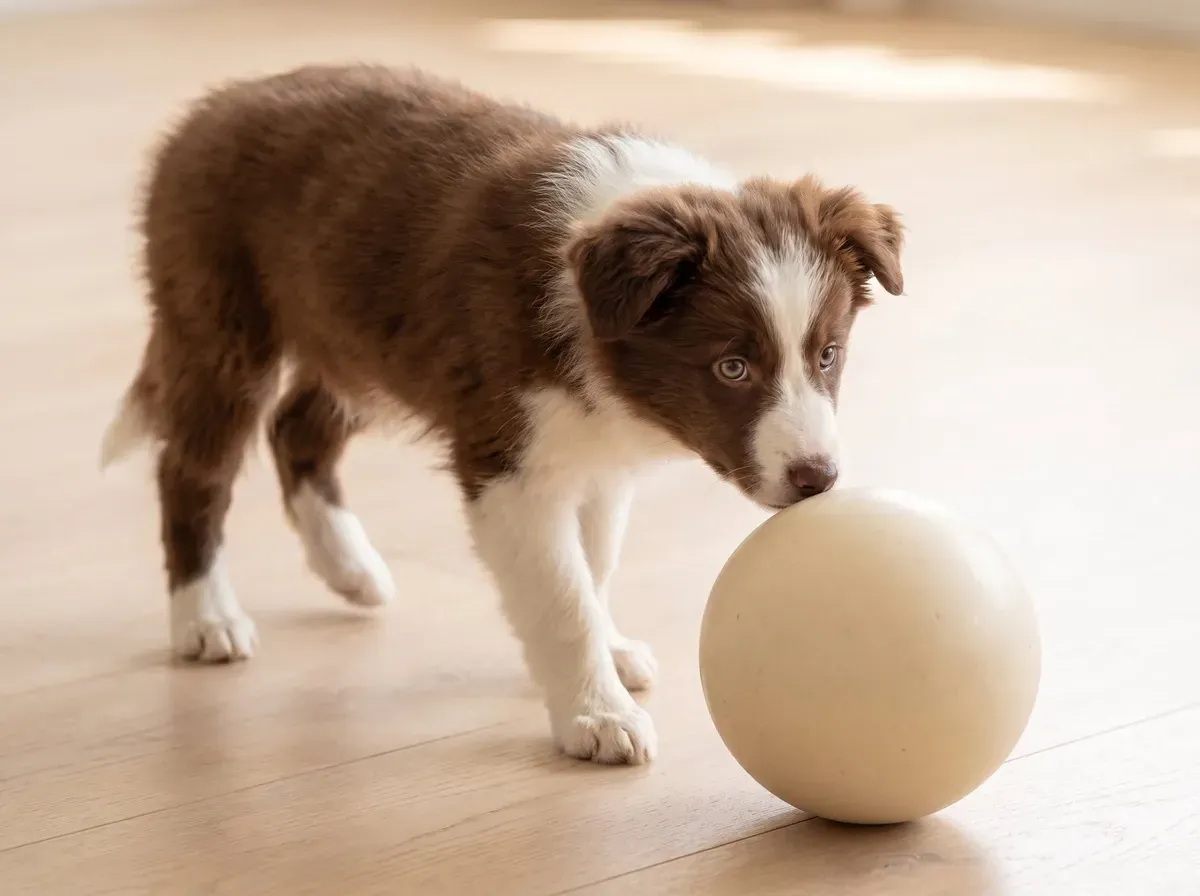Border Collie, a red and white puppy nosing a large herding ball across the floor