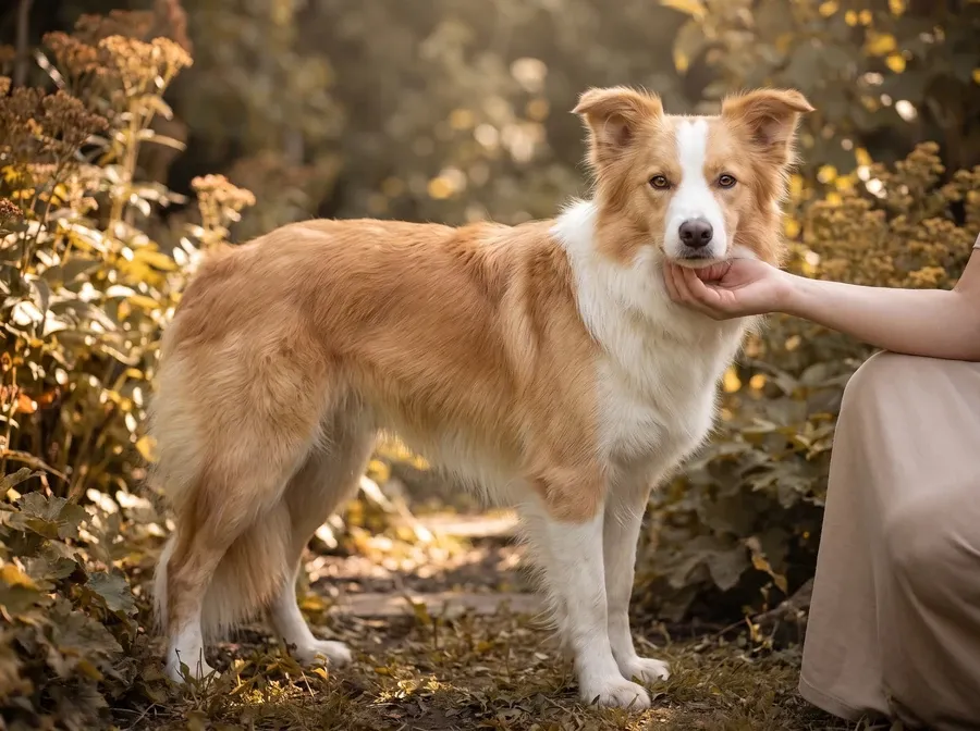 Border Collie, a sable and white adult in a shaded garden, a pet parent's hand under the chin