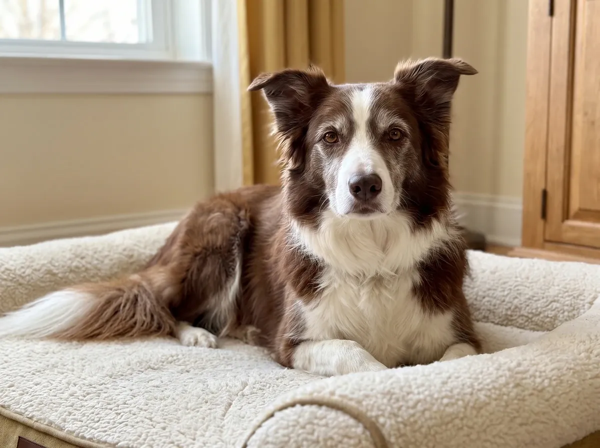 Border Collie, an older red and white dog with a greying muzzle resting on a soft bed
