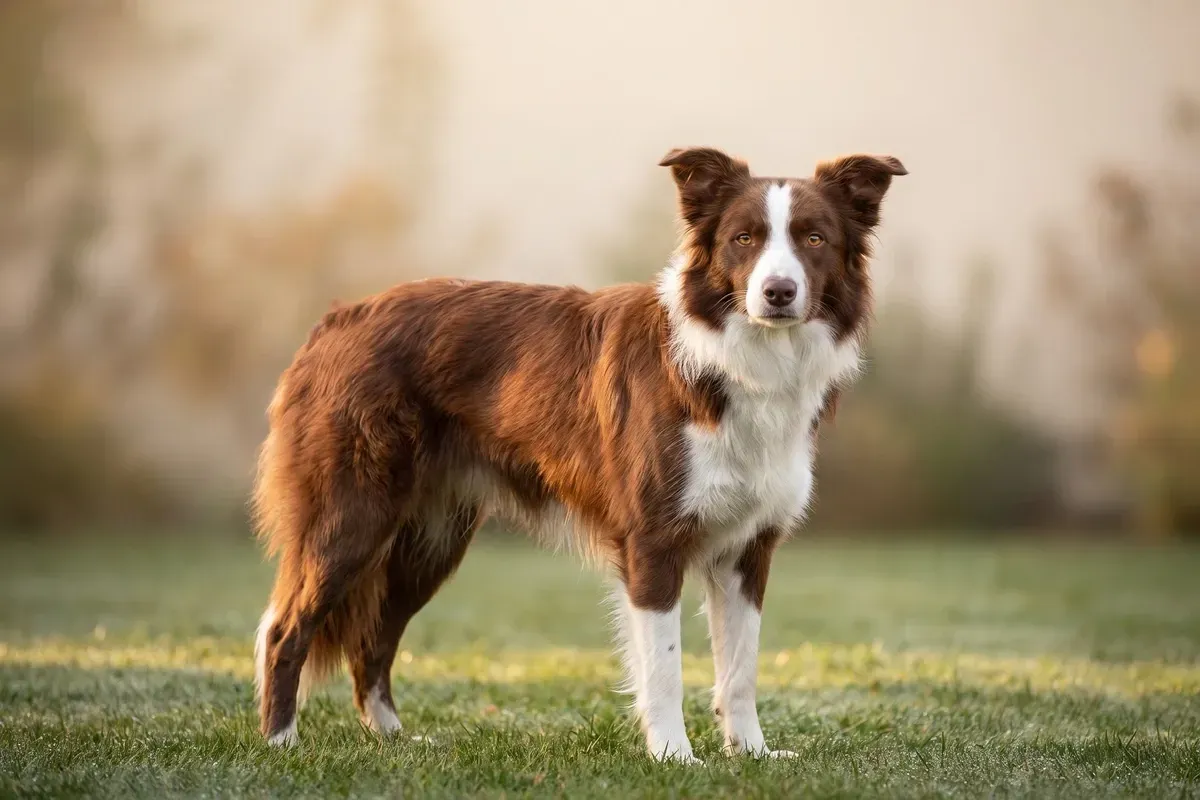 Border Collie history, the breed today, a red and white adult standing on a lawn in soft morning light