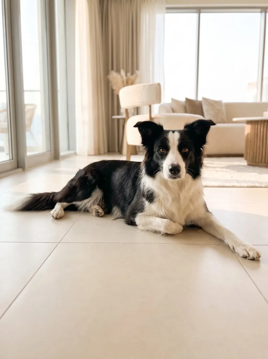 Border Collie, the same black and white adult lying on the cool tiled floor of a bright living room