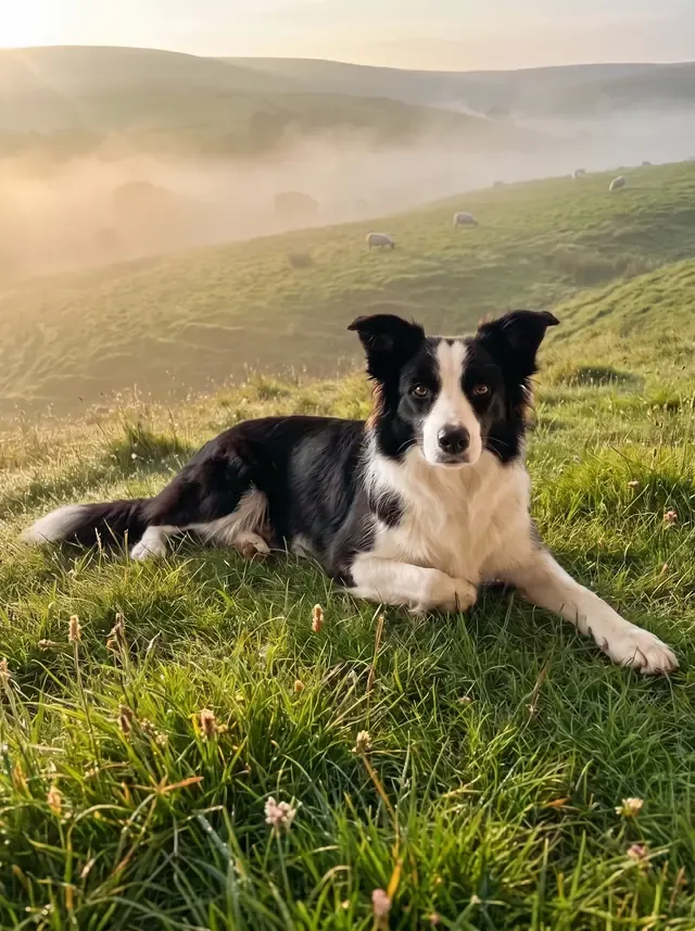 Border Collie, a black and white adult lying on a green hillside, sheep in the misty valley behind