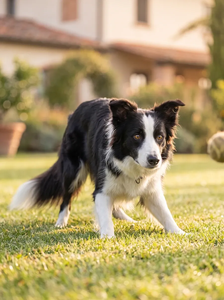 Border Collie, a black and white adult crouched low on a villa lawn, eyes fixed ahead