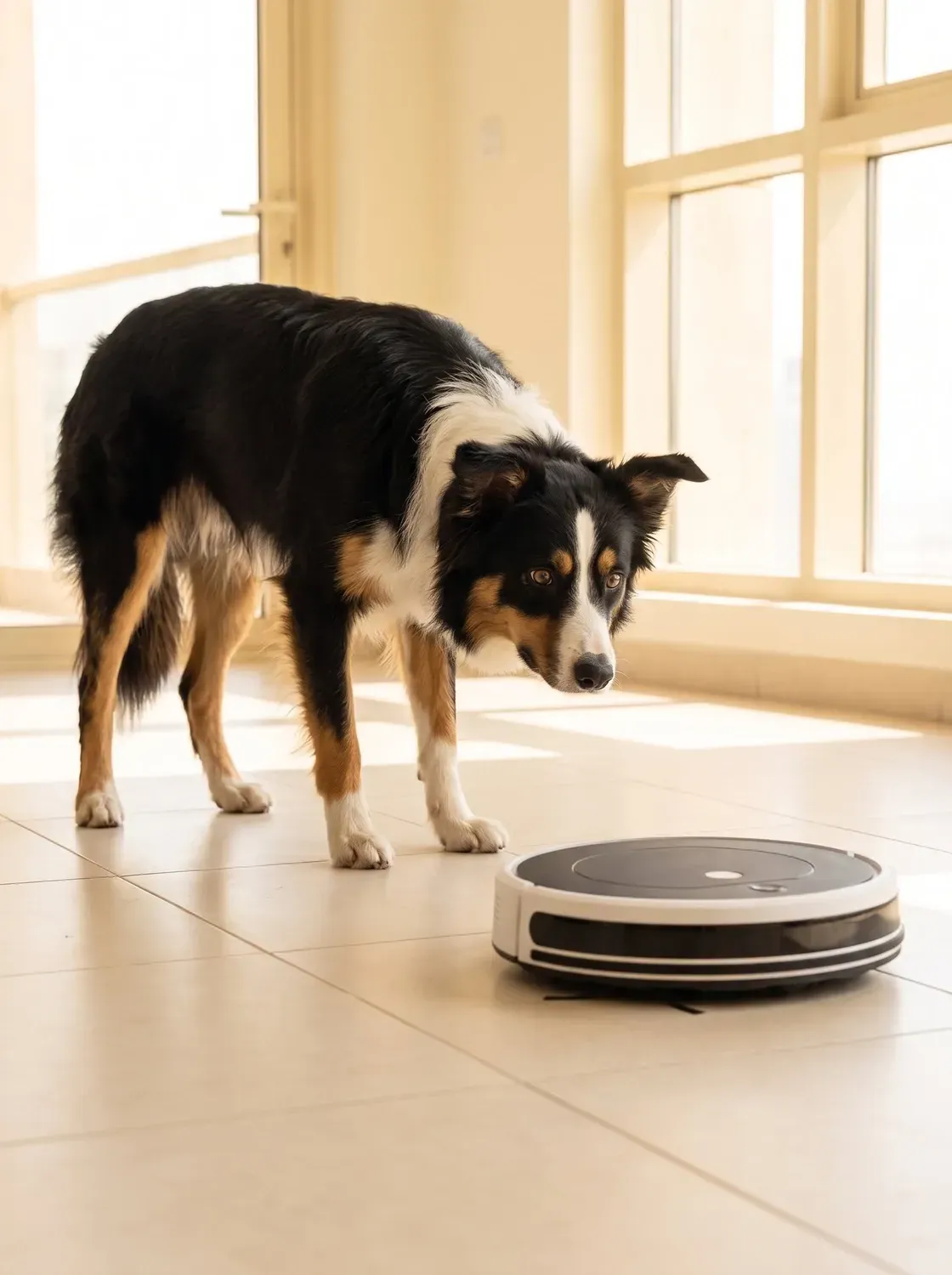 Border Collie, a tricolour adult watching a robot vacuum cross a tiled floor in a bright flat