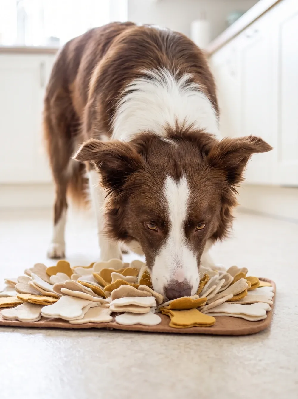 Border Collie, a red and white adult foraging in a snuffle mat on a kitchen floor