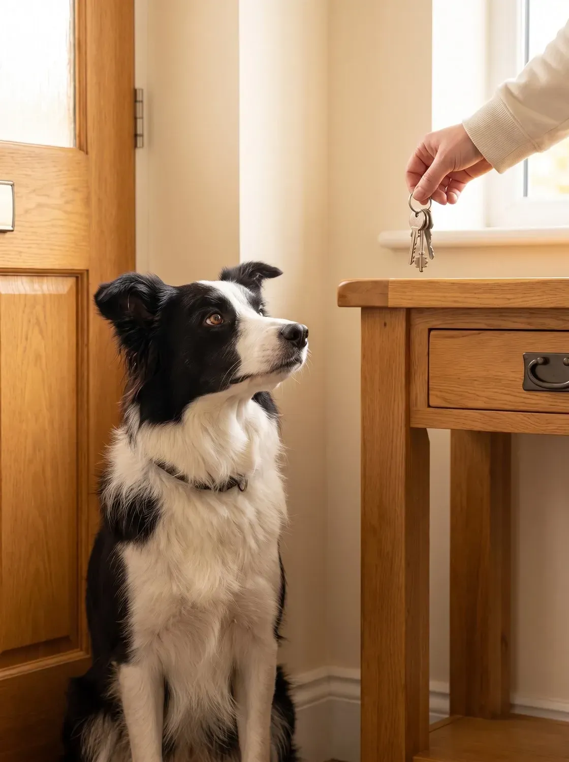 Border Collie, a black and white adult by the front door, watching a hand lift the keys