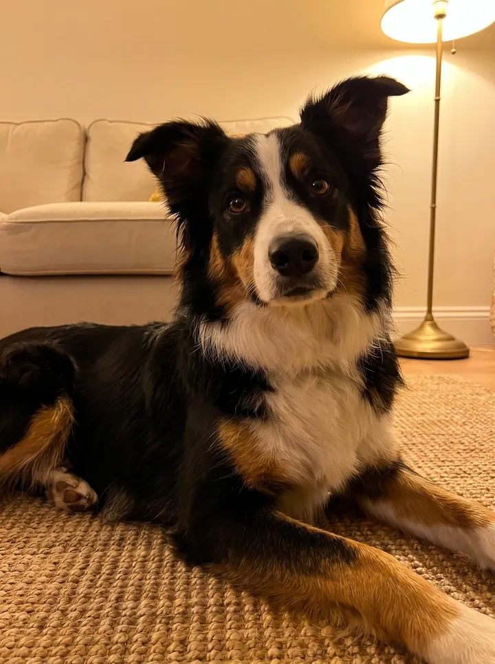 Border Collie, a tricolour adult lying calmly on a woven mat beside the sofa in the evening