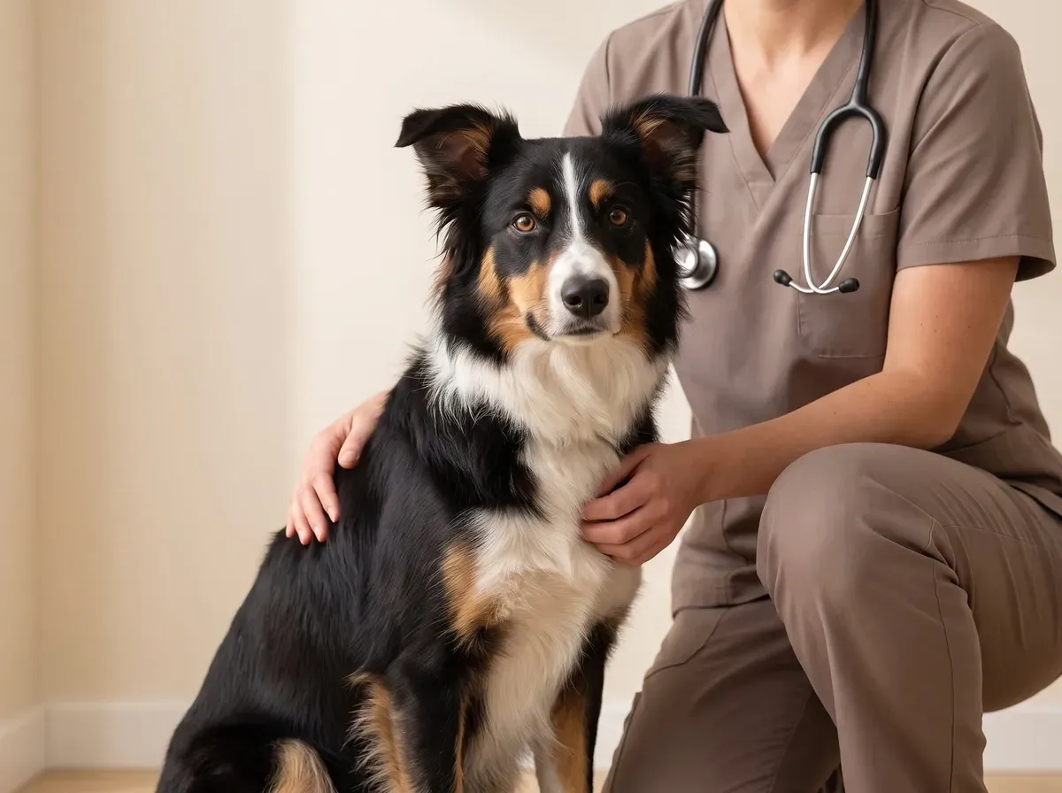 Border Collie, a calm tricolour adult sitting as a vet in taupe scrubs kneels alongside, a hand on the dog