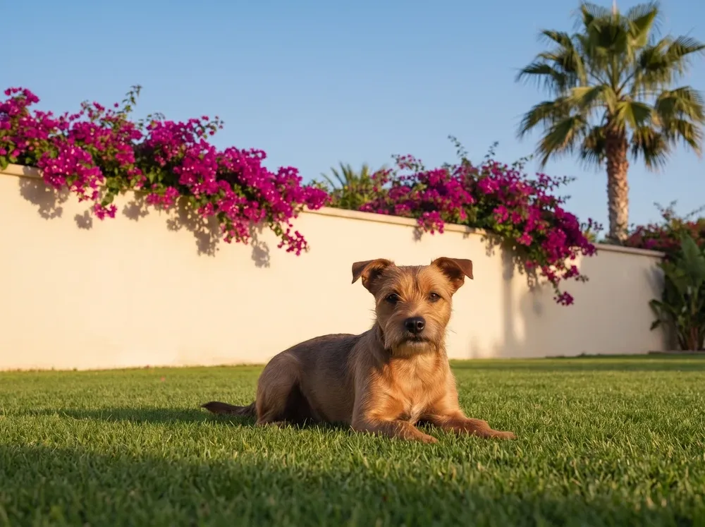 Border Terrier in Dubai, a red adult lying on a villa lawn below bougainvillea and a date palm
