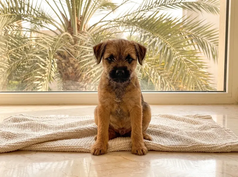 Border Terrier in Dubai, a red puppy sitting on a cream blanket by a window onto date palms