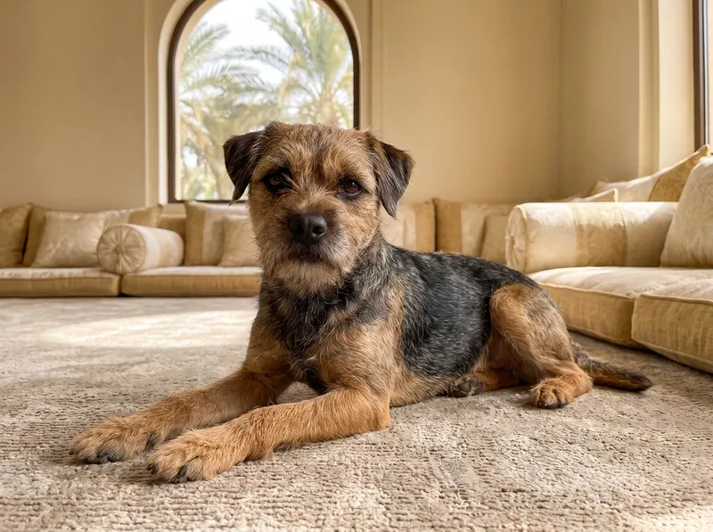 Border Terrier in Dubai, a blue and tan adult lying on a stone rug in a majlis below an arched window onto palms