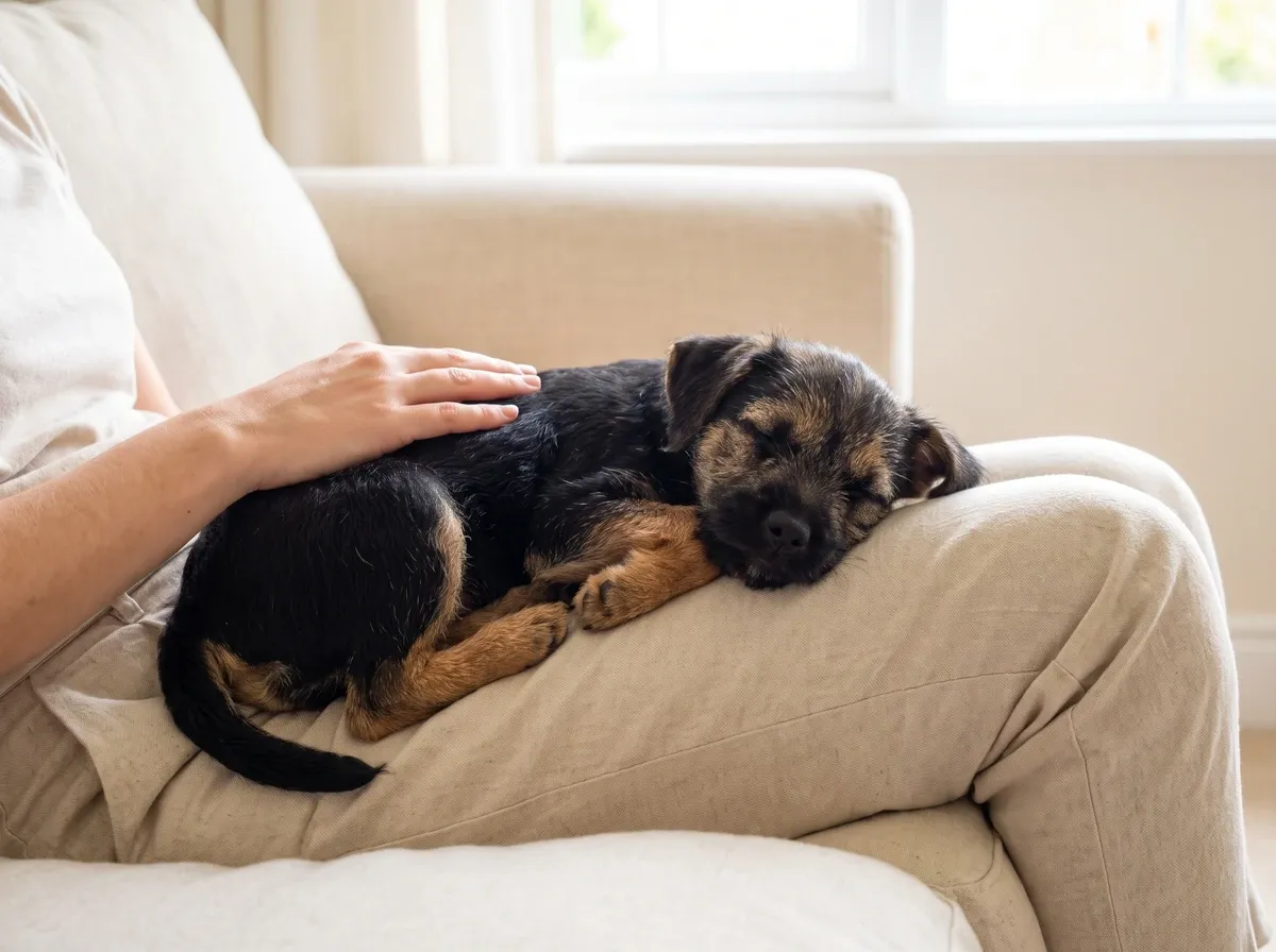 Border Terrier, a black and tan puppy asleep in a pet parent's lap on a linen sofa