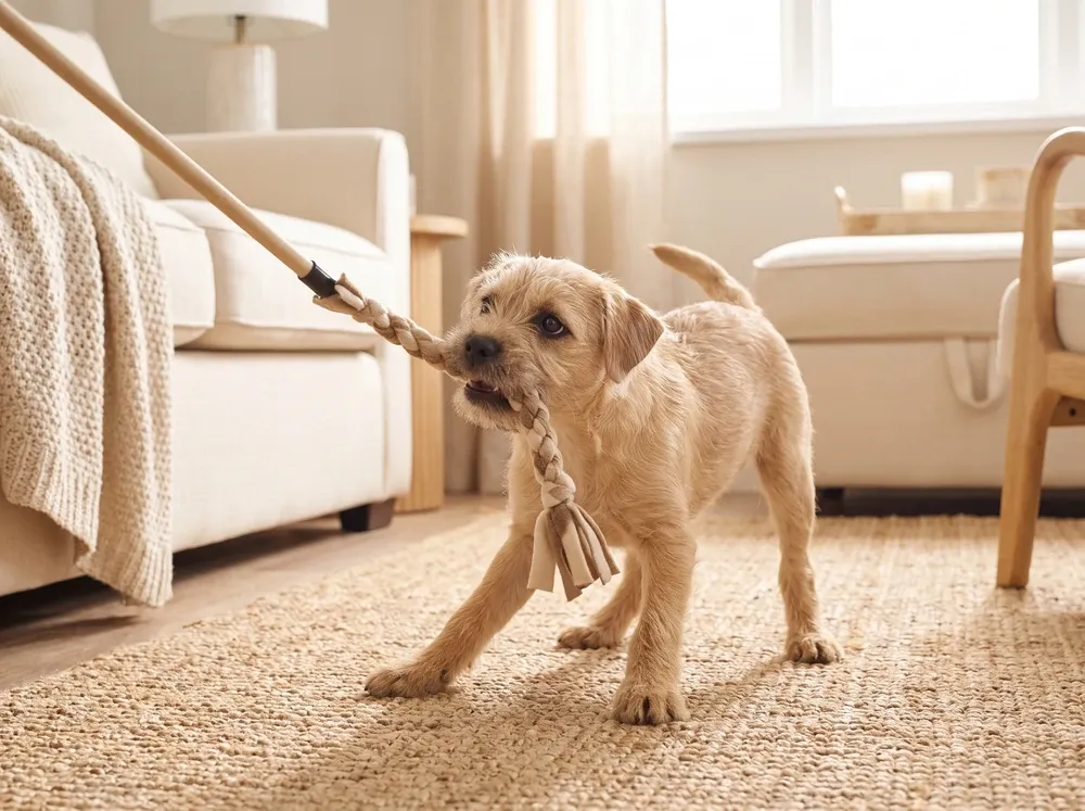 Border Terrier, a wheaten puppy tugging a rope toy on a flirt pole on a jute rug