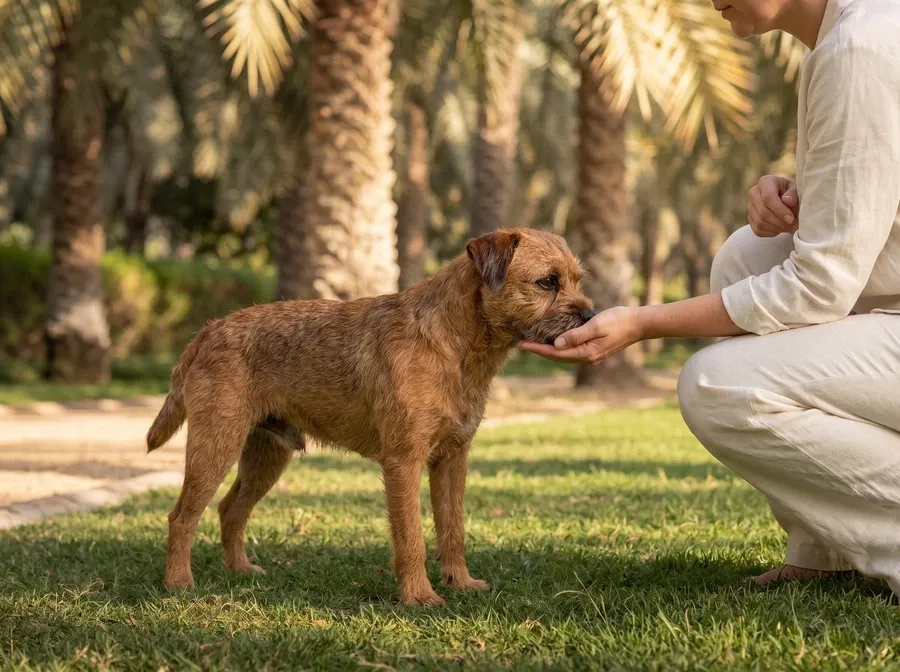 Border Terrier in Dubai, a red adult sniffing a kneeling pet parent's hand on a park lawn under date palms