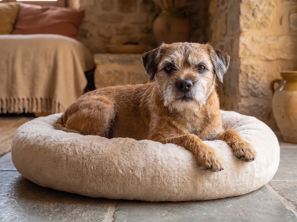 Border Terrier, an older red dog with a greying muzzle resting on a round cream bed
