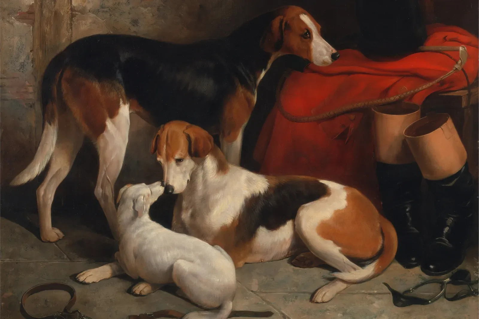Border Terrier history, two foxhounds with a white terrier beside a hunting coat and boots, by William Barraud, about 1845