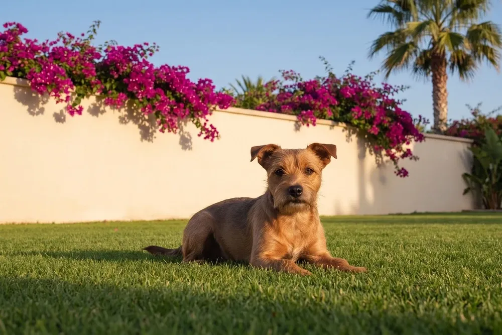 Border Terrier history, the breed today, a red adult on a villa lawn with bougainvillea, Dubai, 2026
