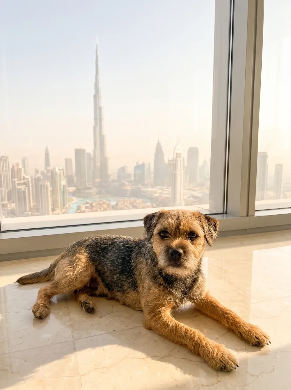Border Terrier in Dubai, the same grizzle and tan adult lying on marble tiles with the Burj Khalifa behind