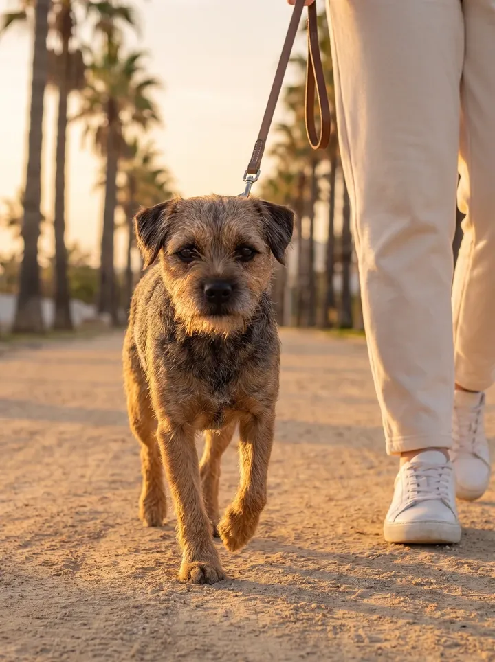 Border Terrier in Dubai, a grizzle and tan adult trotting beside a pet parent on a palm-lined path at sunrise