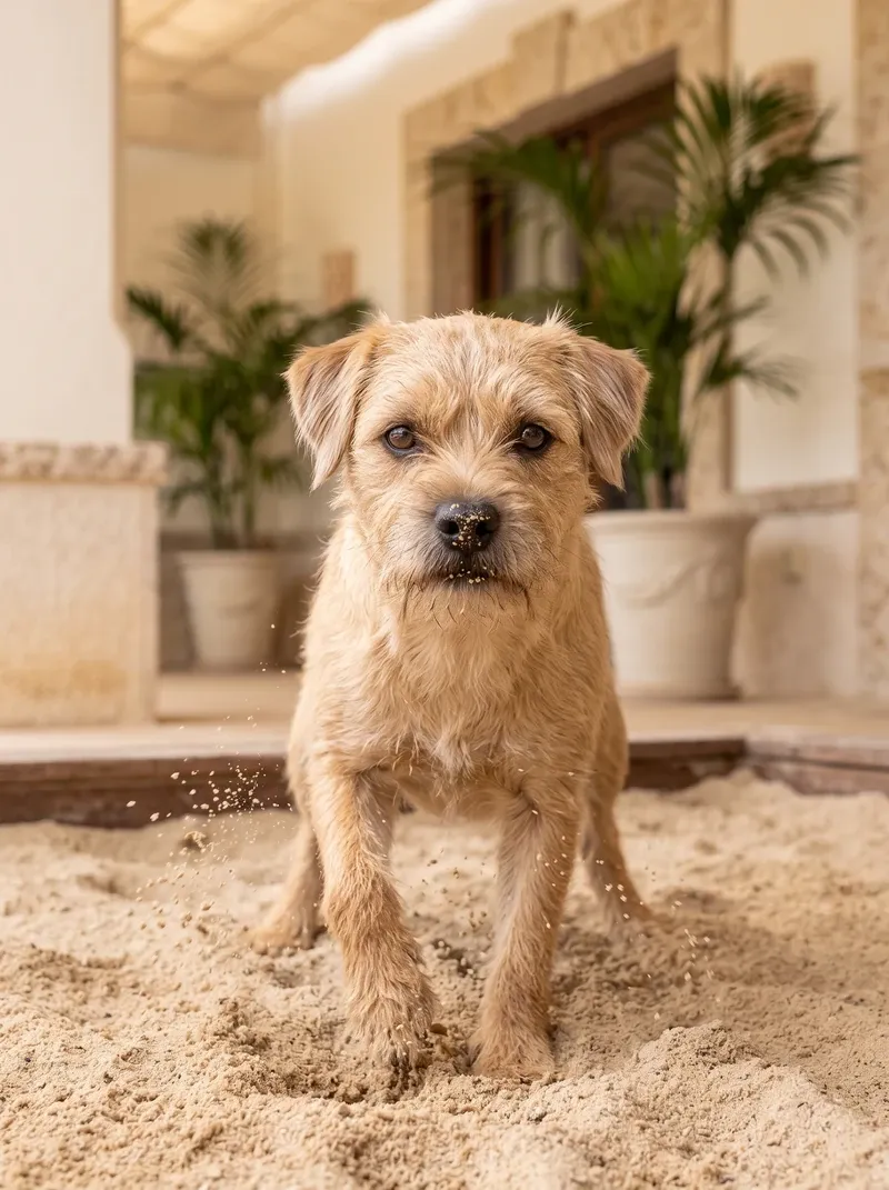 Border Terrier, a wheaten adult standing in a sandpit on a shaded villa terrace, sand on their nose