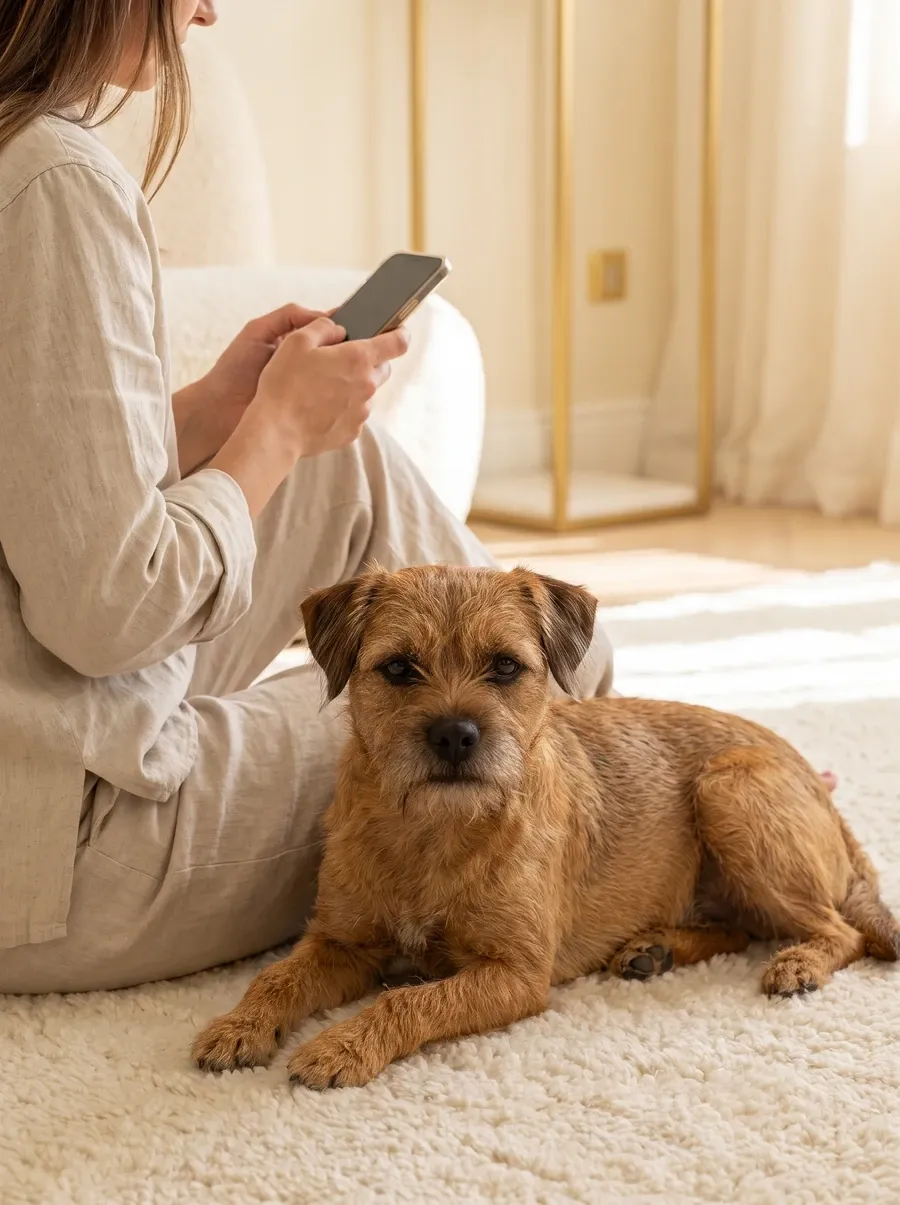 Border Terrier, a red adult lying on a cream rug beside a pet parent holding a phone