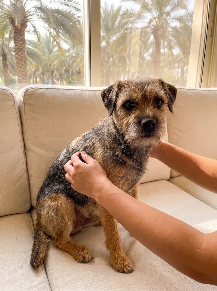 Border Terrier in Dubai, a grizzle and tan adult on a sofa as a pet parent parts their coat, date palms outside