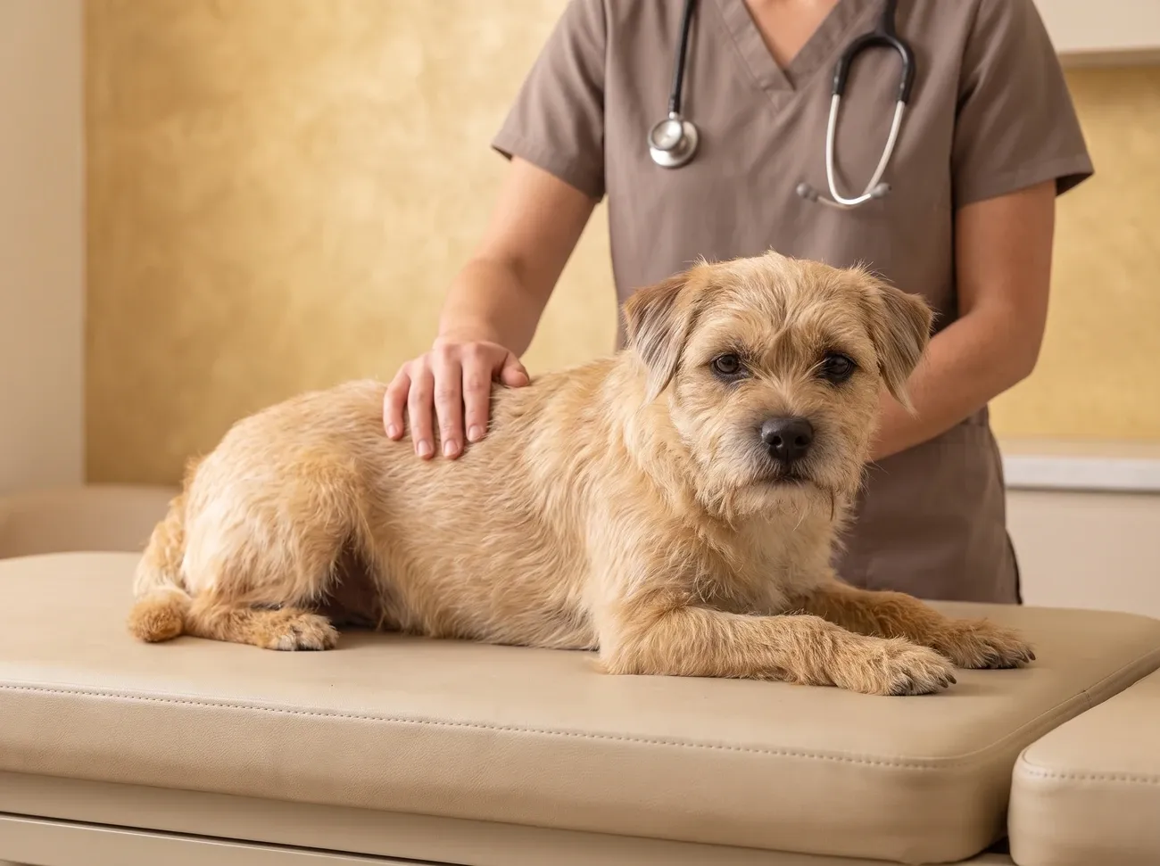 Border Terrier, a wheaten adult lying on a padded table as a vet in taupe scrubs rests a hand on their back