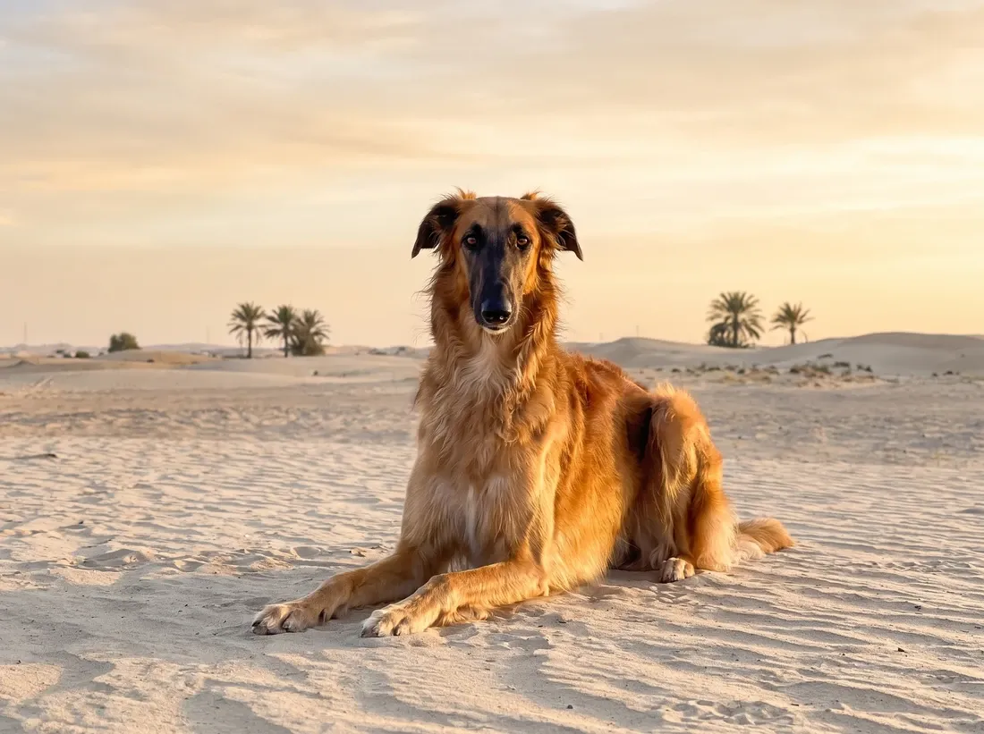 Borzoi in Dubai, a red gold adult lying with head up on pale desert sand among date palms at dawn